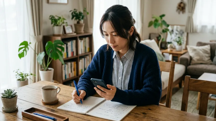 スマートフォンで鍵業者を比較しながら慎重に選ぶ日本人女性
